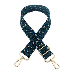 Blue leopard print wide fabric bag strap with golden metal hardware and swivel hooks