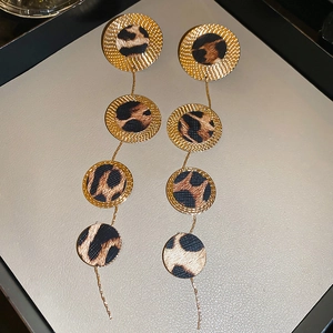 Detail of four-tier leopard print round drop earrings with gold metallic frames
