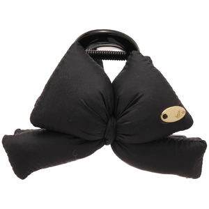 Elegant black fabric bow hair claw clip with golden logo plaque on white background