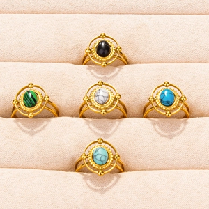 Adjustable 304 stainless steel rings with colorful oval stones in gold vintage finish