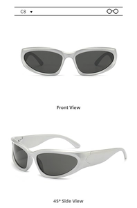 Detailed views of silver wrap-around Y2K sunglasses with dark lenses and model C8 label
