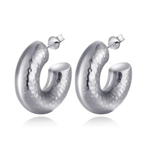 Vintage style hollow C-shape silver earrings with textured hammered finish in stainless steel