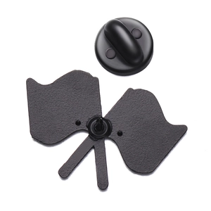 Detail view of the back of the checkered flag racing pin with black rubber clutch