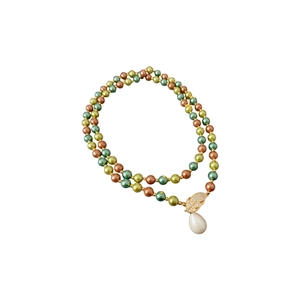 Collana di perle a doppio strato con perle verdi e bronzo e ciondolo a foglia in zircone