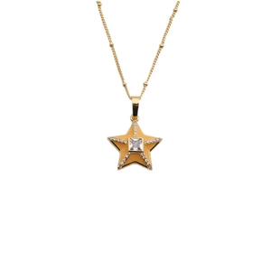 Elegant gold star pendant necklace with square zircon stone and fine chain on white background