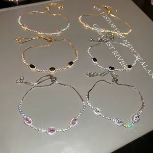 Adjustable bracelets set with oval zircons in gold and silver plating for women