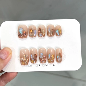 Handmade brown gradient square press-on nails with sparkling geometric glitter flakes