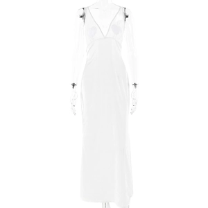 Elegant white satin V-neck maxi dress with spaghetti straps and heart-shaped bodice