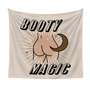 Morandi style wall tapestry featuring Booty Magic text with moon and stars art