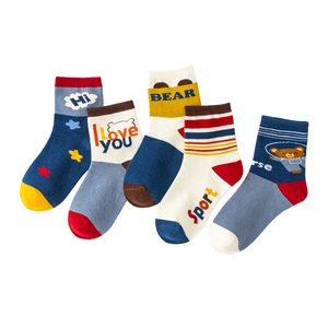 5-pack cute cartoon bear cotton crew socks for kids in navy blue and cream white