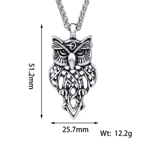 Detailed size chart of vintage stainless steel owl pendant showing dimensions and weight