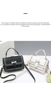 Detail view of leather crossbody bags featuring contrast stitching and H-shaped metal buckles