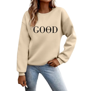 Women's crew neck sweatshirt in beige with black 'GOOD vibes' lettering and soft knit fabric