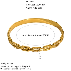 Detail showing 18k gold plated stainless steel bangle dimensions and SKU info