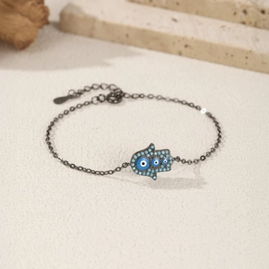 S925 sterling silver black chain bracelet with turquoise Hamsa hand and blue evil eye