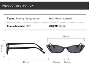 Detailed size chart for cat eye sunglasses showing dimensions and resin lens specifications