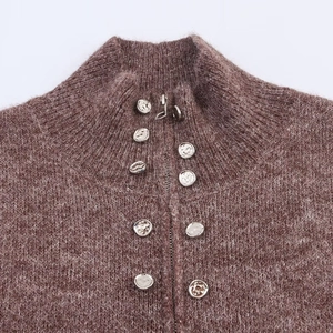 Deep burgundy heathered knit cardigan with metal zipper and silver button detail