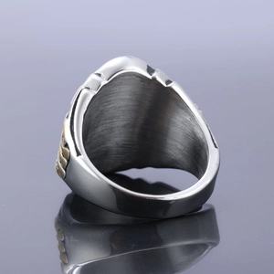Vintage stainless steel Freemason AG ring with silver texture and golden side details