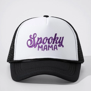 Two-tone trucker hat featuring white front panel and purple Spooky MAMA embroidery