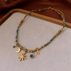 Vintage Beaded Necklace With Natural Stone And Star Moon Charms Stainless Steel Ethnic Boho Jewelry For Women