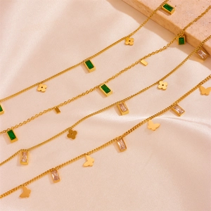 Vintage gold-plated titanium steel butterfly and emerald green gemstone tassel necklace