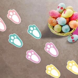 Easter bunny paw print floor stickers in pink, teal and yellow for festive home decoration