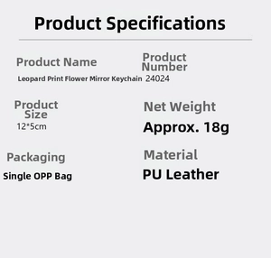 Detailed product specifications and size chart for leopard print flower mirror keychain