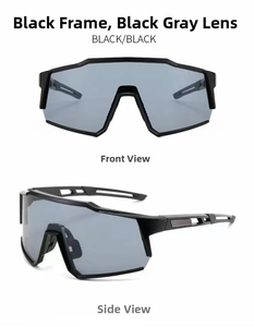 Front and side views of black cycling glasses with polarized lenses for outdoor sports