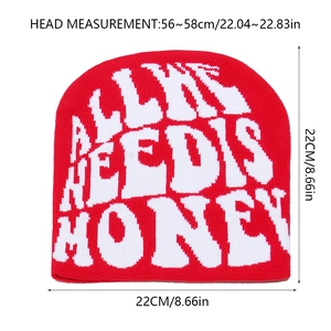 Detailed size specifications for red Y2K knit beanie with white knitted slogan