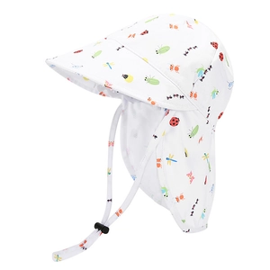 Detail of baby sun hat with insect prints, wide brim, and adjustable neck protector