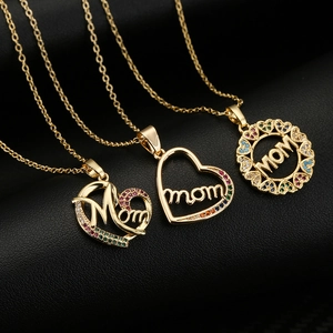 Mom Heart Pendant Necklace Gold Plated Copper With Colorful Cubic Zirconia Jewelry Gift For Mothers Day Fashion Women