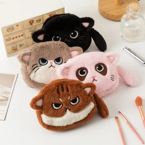 Cartoon Cat Plush Coin Purse Mini Storage Bag With Embroidery Face And Tail For Keys Lipstick Zipper Closure Cute Animal Soft