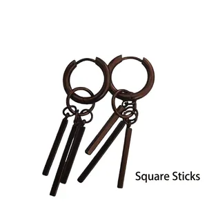 Detail view of titanium steel magnetic clip earrings with dark bronze square bar pendants