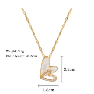 Detailed size chart of double heart pendant necklace with shell and cubic zirconia