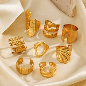 Geometric Open Rings Adjustable Stainless Steel Gold Plated Chunky Ribbed Hammered Fashion Jewelry For Women