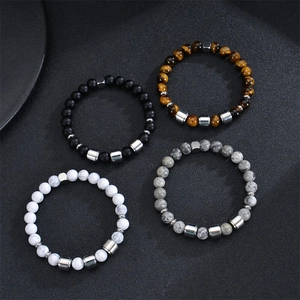 Men's 8mm map stone beaded bracelets set with tiger eye and custom stainless steel beads