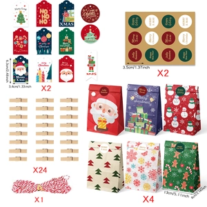 Detailed Christmas gift bag set with colorful paper bags, wooden clips, tags and cotton twine