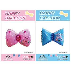 Pink and blue bow tie foil balloons with Sweet Little Lady and Welcome Little Man print