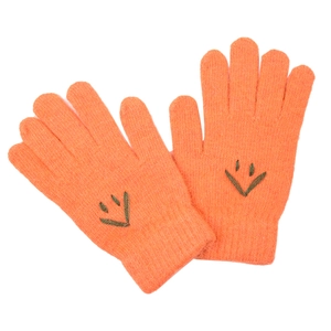 Close-up of orange knitted gloves featuring soft wool texture and green stitched details