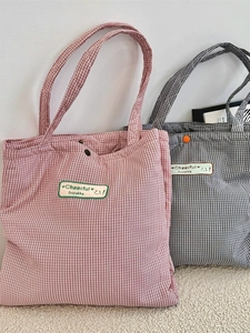 Chic checkered canvas tote bags with smile patch in burgundy and grey for casual daily use