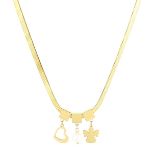 Elegant gold snake chain necklace featuring heart, pearl, and angel charms on white background