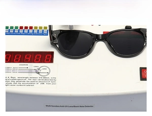 Detail view of round sunglasses showing UV400 protection testing on a digital device
