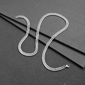 Detail shot of a silver stainless steel cuban link chain with a secure lobster clasp