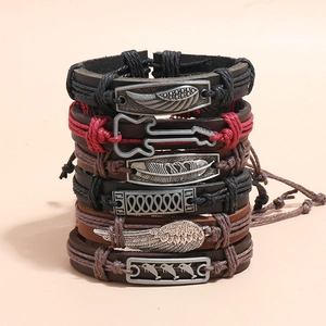 Set of 6 multilayer leather woven bracelets featuring feather and guitar charms