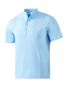 Detail of light blue men's polo shirt showing lace textured placket and vertical stripes