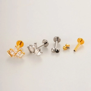 Titanium labret stud with crown zircon and ball head in gold and silver finish