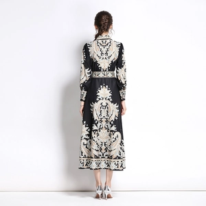 Ethnic paisley print A-line maxi dress with long sleeves and high waist in black