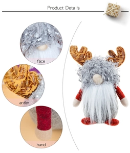 Close-up of plush Christmas gnome with Rudolph antlers and fuzzy beard details