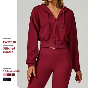 Women Cropped Zip Up Hoodie Cotton Polyester French Terry Long Sleeve Athletic Casual Drawstring Hooded Sweatshirt