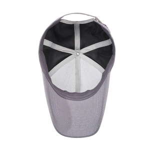 Inside view of gray baseball cap featuring black mesh lining and reinforced stitching